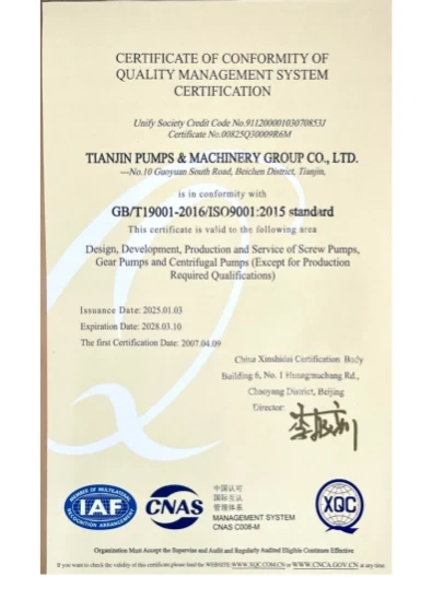 ISO 9001 Quality Management System certificate — CTP Pumps